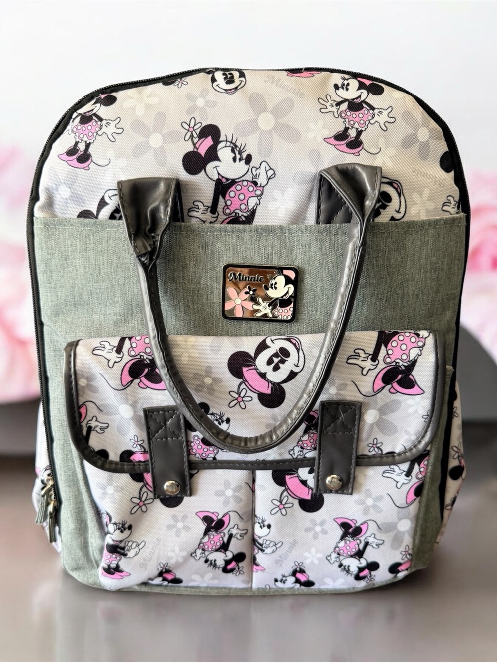 Minnie Mouse Diaper Bag Backpack Gray Pink Disney Multi Pocket Baby Bag